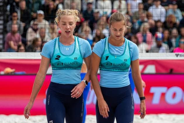 From left Marie-Sara Stochlova and Marketa Svozilova of Czech Republic react during the women match Marketa Svozilova and Marie-Sara Stochlova of Czech Republic vs Molly Shaw, Kelly Cheng of USA at the Pro Tour Elite Beach volleyball, Beachvolleyball tournament in Ostrava, Czech Republic, May 30, 2025. (CTKxPhoto VladimirxPrycek) CTKPhotoP2025053005920  CTKPhotoP2025053005920