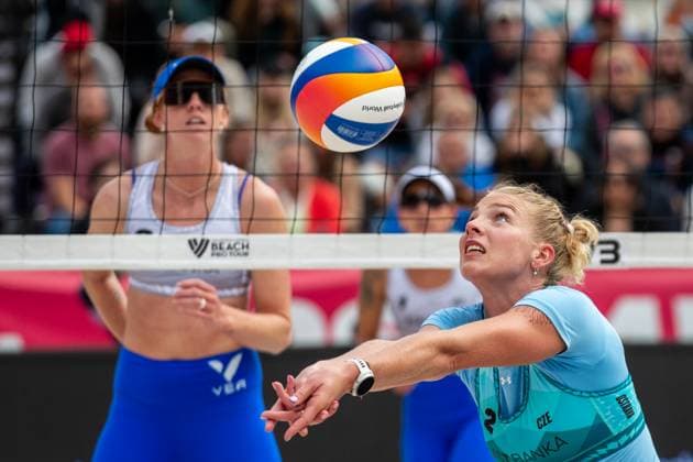 From left Kelly Cheng of USA and Czech Marie-Sara Stochlova in action during the women match Marketa Svozilova and Marie-Sara Stochlova of Czech Republic vs Molly Shaw, Kelly Cheng of USA at the Pro Tour Elite Beach volleyball, Beachvolleyball tournament in Ostrava, Czech Republic, May 30, 2025. (CTKxPhoto VladimirxPrycek) CTKPhotoP2025053005995  CTKPhotoP2025053005995