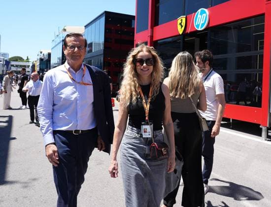 30 05 2025, Circuit de Catalunya, Barcelona, Formula 1 Aramco Grand Prix of Spain 2025 , in the picture RTL TV presenter Katja Burkard with partner Hans Mahr Photo by Hasan Bratic DeFodi Images