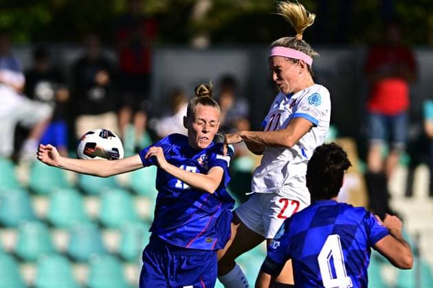 From left Janja Canjevac of Croatia and Czech Franny Cerna in action during the Women s Football Nations League, B4 Group 5th round match: Czechia vs Croatia in Chomutov, Czech Republic, May 30, 2025. (CTKxPhoto OndrejxHajek) CTKPhotoP2025053006582  CTKPhotoP2025053006582