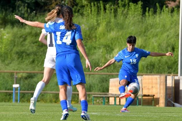 Ljubljana, Slovenia, May 30th 2025: Anastasia Gkatsou of Greece (R) in action during the UEFA Women?s Nations League, League B Group B2, match between Slovenia and Greece at Sports Park Siska, Ljubljana, Slovenia. (Natasa Kupljenik SPP) Copyright: xNatasaxKupljenikx xSPPx spp-en-NaKuSp-NNS_0554