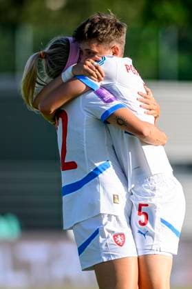 From left Franny Cerna, Aneta Polaskova of Czech Republic celebrate goal during the Women s Football Nations League, B4 Group 5th round match: Czechia vs Croatia in Chomutov, Czech Republic, May 30, 2025. (CTKxPhoto OndrejxHajek) CTKPhotoP2025053007075  CTKPhotoP2025053007075