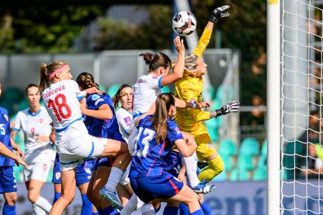 From left front Kamila Dubcova, Eva Bartonova, both of Czech Republic, Helena Spajic, goalie Stephanie Bukovec, both of Croatia in action during the Women s Football Nations League, B4 Group 5th round match: Czechia vs Croatia in Chomutov, Czech Republic, May 30, 2025. (CTKxPhoto OndrejxHajek) CTKPhotoP2025053007096  CTKPhotoP2025053007096