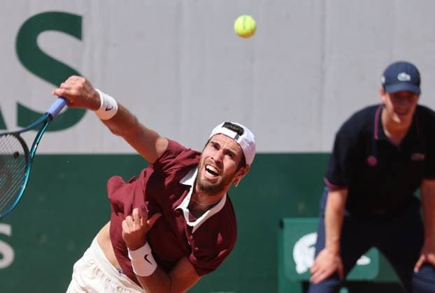 Karen Khachanov of Russia plays against Tommy Paul of the United States during their third round match of the French Tennis Open at Roland Garros in Paris, France, on Friday, May 30, 2025. Paul won 6-3, 3-6, 7-6, 3-6, 6-3.  PAR20250530110 MAYAxVIDON-WHITE