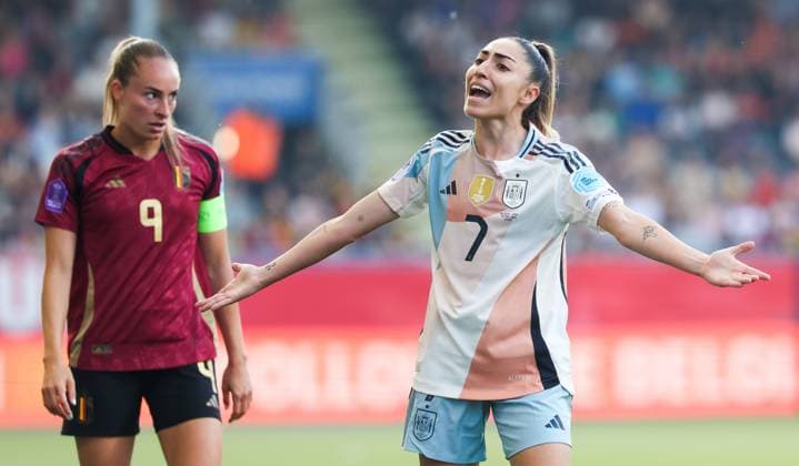 Spain s Olga Carmona gestures during a soccer game between the national teams of Belgium (Red Flames) and Spain, on the fifth matchday in group A3 of the 2024-25 Women s Nations League competition, on Friday 30 May 2025 in Heverlee, Leuven. VIRGINIExLEFOUR  x125709822x
