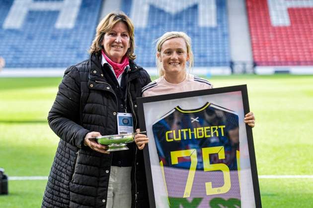 Scotland Women v Austria Women UEFA Womens Nations League Erin Cuthbert of Scotland Women is presented with a shirt on her 75th appearance for Scotland Women during the UEFA Womens Nations League Group A match at Hampden Park, Glasgow UK Newspapers OUT Copyright: xJamiexJohnstonx FIL-21859-0046