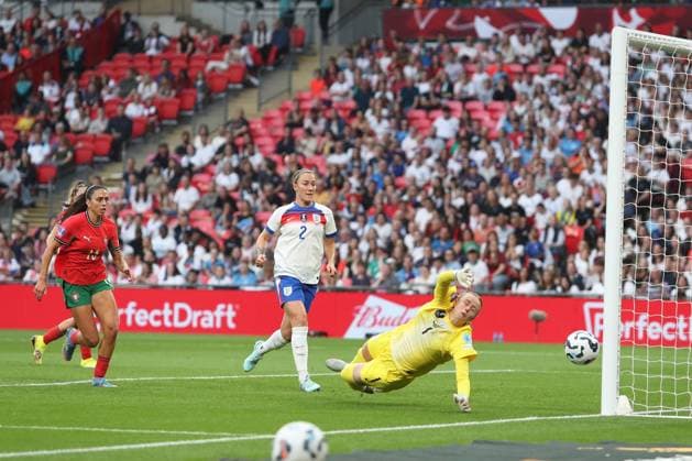 Portugal s shot on target hits the post England v Portugal, Football, UEFA Women s Nations League, Wembley Stadium, London, UK, 30 05 25 Editorial use only  Copyright: xAnthonyxHanc Shutterstockx 15332853n