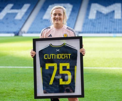 Erin Cuthbert of Scotland Women presented with a framed jersey for reaching 75 caps for Scotland. Scotland Women v Austria Women, UEFA Women s Nations League - League A - Group 1, Football, Hampden Park, Glasgow, Scotland, UK - 30 May 2025 EDITORIAL USE ONLY No use with unauthorised audio, video, data, fixture lists, club league logos or live services. Online in-match use limited to 120 images, no video emulation. No use in betting, games or single club league player publications. Copyright: xStuartxWallace Shutterstockx 15330905c