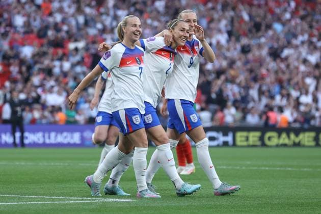 England Women v Portugal Women UEFA Womens Nations League Lucy Bronze of England Women celebrates scoring her sides second goal of the game to make the score 2-0 during the UEFA Womens Nations League Group C match at Wembley Stadium, London UK Newspapers OUT Copyright: xLucyxCopseyx FIL-21856-0046