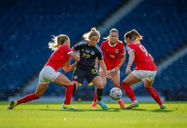 30th May 2025; Hampden Park, Glasgow, Scotland; Womens Nations League, Group 1 International Football, Scotland versus Austria; Sarah Puntigam of Austria challenges Erin Cuthbert of Scotland  ActionPlus12795987 VagelisxGeorgariou