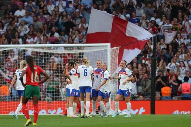 30th May 2025; Wembley Stadium, London, England; Womens Nations League, Group 3 International Football, England versus Portugal; Agnes Beever-Jones of England celebrates her goal and the hat-trick in the 33rd minute for 5-0  ActionPlus12795995 KatiexChan