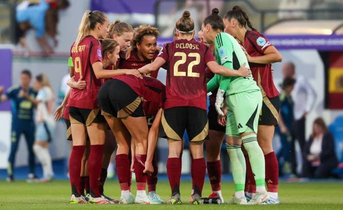 Belgium s players pictured during a soccer game between the national teams of Belgium (Red Flames) and Spain, on the fifth matchday in group A3 of the 2024-25 Women s Nations League competition, on Friday 30 May 2025 in Heverlee, Leuven. VIRGINIExLEFOUR  x125713593x