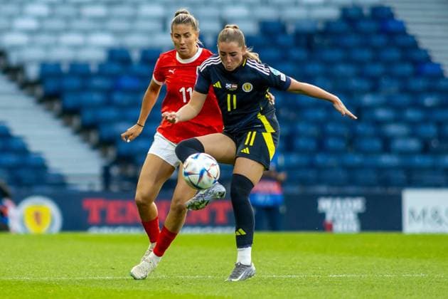 Scotland Women v Austria Women UEFA Women s Nations League 30 05 2025. Group A Kathleen McGovern of The Scotland Women s national team, Nationalteam brings the ball down under pressure from Marina Georgieva of The Austrian Women s National Team during the UEFA Women s Nations League, Scotland vs Austria, The National Stadium, Hampden Park, Glasgow, 30 05 2025 Hampden Park The National Stadium Glasgow United Kingdom Editorial use only , Copyright: xColinxPoultneyx PSI-22199-0059
