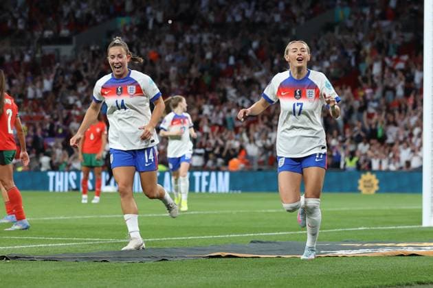 England Women v Portugal Women UEFA Womens Nations League Chloe Kelly of England Women celebrates scoring her sides sixth goal of the game to make the score 6-0 during the UEFA Womens Nations League Group C match at Wembley Stadium, London UK Newspapers OUT Copyright: xLucyxCopseyx FIL-21856-0061
