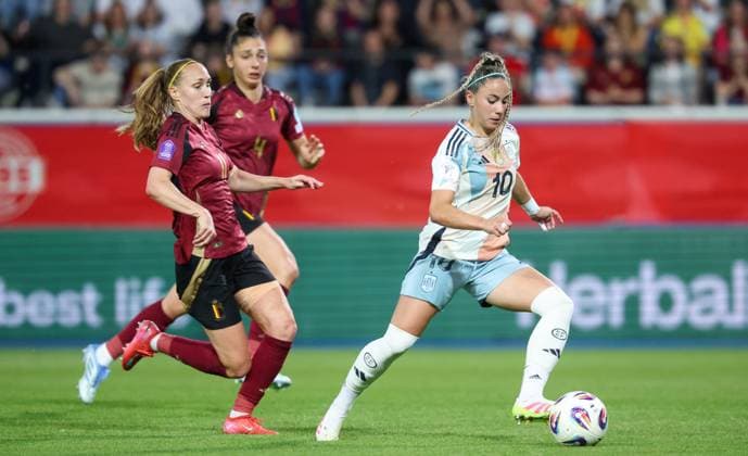 Spain s Athenea del Castillo scoring the 0-4 goal during a soccer game between the national teams of Belgium (Red Flames) and Spain, on the fifth matchday in group A3 of the 2024-25 Women s Nations League competition, on Friday 30 May 2025 in Heverlee, Leuven. VIRGINIExLEFOUR  x125718907x