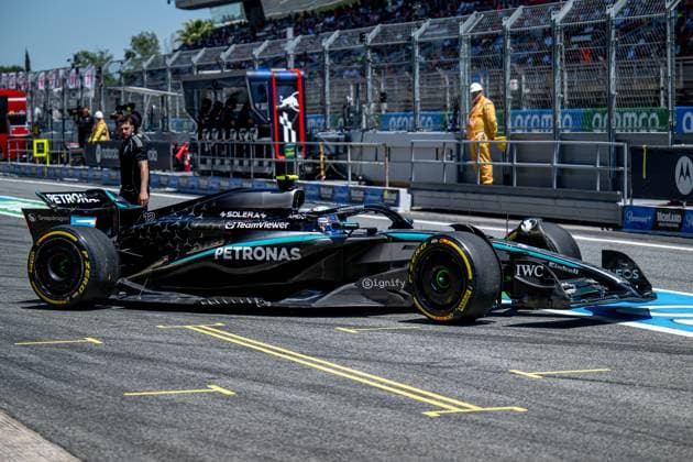 MONTMELO, SPAIN: George Russell, racing for the Mercedes team during the 2025 Formula 1 Spanish Grand Prix at the Circuit de Barcelona-Catalunya in Montmelo, Spain