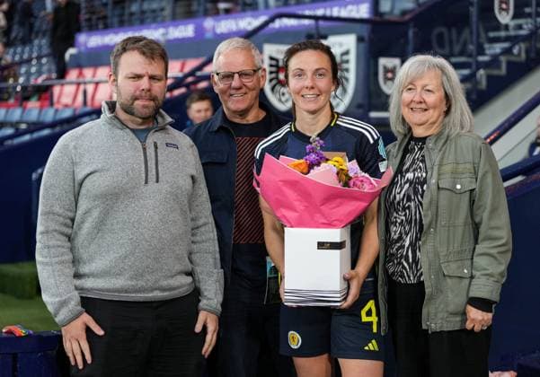 Rachel Corsie of Scotland Women poses with her family at full-time. Corsie recently announced her intention to retire and the Austria game was her last. Scotland Women v Austria Women, UEFA Women s Nations League - League A - Group 1, Football, Hampden Park, Glasgow, Scotland, UK - 30 May 2025 EDITORIAL USE ONLY No use with unauthorised audio, video, data, fixture lists, club league logos or live services. Online in-match use limited to 120 images, no video emulation. No use in betting, games or single club league player publications. Copyright: xStuartxWallace Shutterstockx 15330905aj