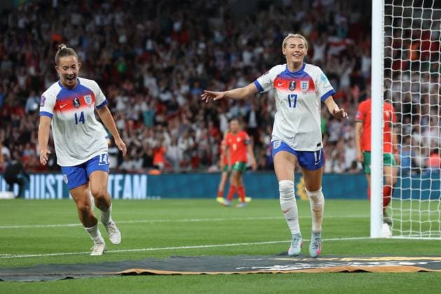 England Women v Portugal Women UEFA Womens Nations League Chloe Kelly of England Women celebrates her sides sixth goal of the game to make the score 6-0 during the UEFA Womens Nations League Group C match at Wembley Stadium, London UK Newspapers OUT Copyright: xLucyxCopseyx FIL-21856-0137