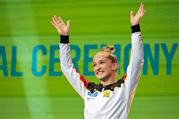 Sport Themen der Woche KW22 Bilder des Jahres 2025, Sport 05 Mai Sport Bilder des Tages ALTRO - Ginnastica - Men s and Women s Artistic Europeans Apparatus Finals day 1 SCHOENMAIER Karina (GER) gold medal VAULT during Men s and Women s Artistic Europeans Apparatus Finals day 1, Gymnastics in Leipzig, Germany, May 30 2025 Leipzig Germany  Copyright: xIPAxSport ABACAx