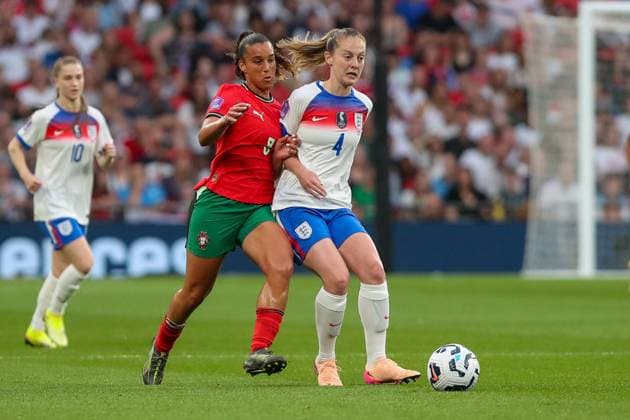 Andreia Norton of Portugal and Keira Walsh of England fight for control of the ball England v Portugal, Football, UEFA Women s Nations League, Wembley Stadium, London, UK, 30 05 25 Editorial use only  Copyright: xAnthonyxHanc Shutterstockx 15332853bj