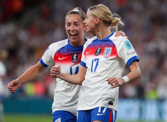 England s Maya Le Tissier celebrates with teammate Chloe Kelly as she scores to make the score 6-0 England v Portugal, Football, UEFA Women s Nations League, Wembley Stadium, London, UK, 30 05 25 Editorial use only  Copyright: xAnthonyxHanc Shutterstockx 15332853ca