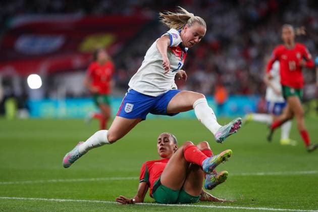 Beth Mead of England jumps over Catarina Amado of Portugal England v Portugal, Football, UEFA Women s Nations League, Wembley Stadium, London, UK, 30 05 25 Editorial use only  Copyright: xAnthonyxHanc Shutterstockx 15332853cc
