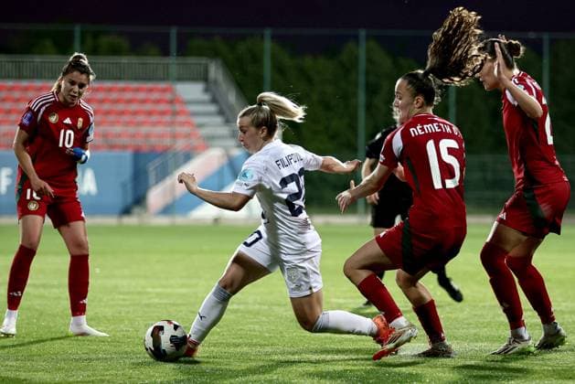 (250531) -- STARA PAZOVA, May 31, 2025 -- Serbia s Tijana Filipovic (2nd L) vies with Hungary s Diana Nemeth (2nd R) during the UEFA Women s Nations League B group 3 football match between Serbia and Hungary in Stara Pazova near Belgrade, Serbia, on May 30, 2025. (Photo by Xinhua) (SP)SERBIA-STARA PAZOVA-FOOTBALL-UEFA WOMEN NATIONS LEAGUE-LEAGUE B-SERBIA VS HUNGARY PredragxMilosavljevic 