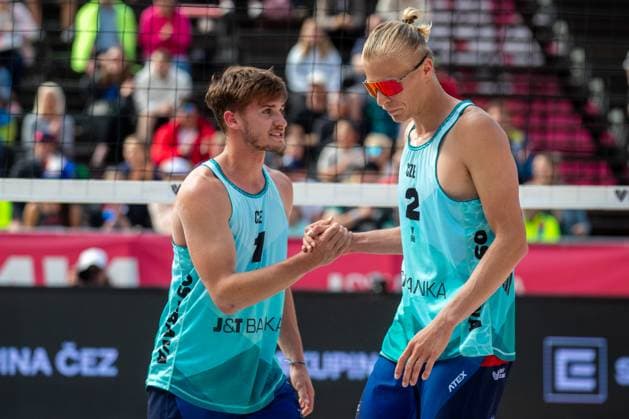 Pro Tour Beach volleyball, Beachvolleyball tournament, category Elite, took place in Ostrava, Czech Republic, on May 31, 2025. Chaim Schalk and James Shaw from USA vs Tadeas Trousil (left) and Matyas Dzavoronok (right) from Czech Republic. (CTKxPhoto VladimirxPrycek) CTKPhotoP2025053101749  CTKPhotoP2025053101749