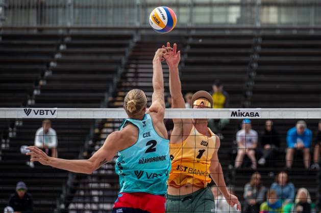 Pro Tour Beach volleyball, Beachvolleyball tournament, category Elite, took place in Ostrava, Czech Republic, on May 31, 2025. Chaim Schalk (right) and James Shaw from USA vs Tadeas Trousil and Matyas Dzavoronok (left) from Czech Republic. (CTKxPhoto VladimirxPrycek) CTKPhotoP2025053101822  CTKPhotoP2025053101822