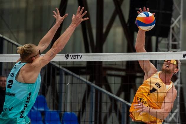 Pro Tour Beach volleyball, Beachvolleyball tournament, category Elite, took place in Ostrava, Czech Republic, on May 31, 2025. Chaim Schalk (right) and James Shaw from USA vs Tadeas Trousil and Matyas Dzavoronok (left) from Czech Republic. (CTKxPhoto VladimirxPrycek) CTKPhotoP2025053101823  CTKPhotoP2025053101823