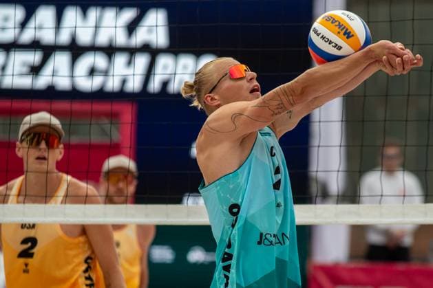 Pro Tour Beach volleyball, Beachvolleyball tournament, category Elite, took place in Ostrava, Czech Republic, on May 31, 2025. Chaim Schalk and James Shaw (left) from USA vs Tadeas Trousil and Matyas Dzavoronok (right) from Czech Republic. (CTKxPhoto VladimirxPrycek) CTKPhotoP2025053101824  CTKPhotoP2025053101824