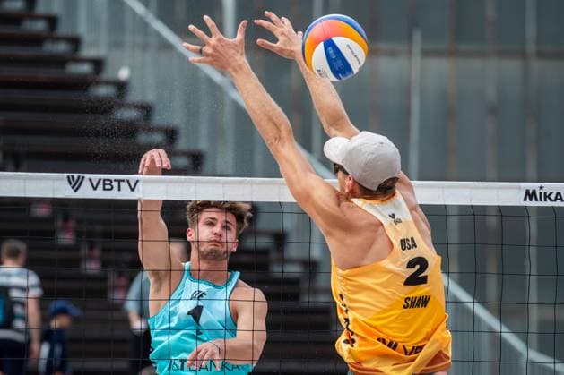Pro Tour Beach volleyball, Beachvolleyball tournament, category Elite, took place in Ostrava, Czech Republic, on May 31, 2025. Chaim Schalk and James Shaw (right) from USA vs Tadeas Trousil (left) and Matyas Dzavoronok from Czech Republic. (CTKxPhoto VladimirxPrycek) CTKPhotoP2025053101827  CTKPhotoP2025053101827