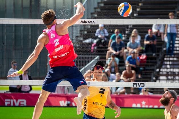 Pro Tour Beach volleyball, Beachvolleyball tournament, category Elite, took place in Ostrava, Czech Republic, on May 31, 2025. Jakub Sepka and Jiri Sedlak (left) from Czech Republic vs Hendrik Nikolai Mol (right) and Mathias Berntsen (middle) from Norway. (CTKxPhoto VladimirxPrycek) CTKPhotoP2025053101835  CTKPhotoP2025053101835