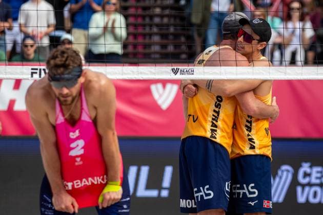 Pro Tour Beach volleyball, Beachvolleyball tournament, category Elite, took place in Ostrava, Czech Republic, on May 31, 2025. Jakub Sepka and Jiri Sedlak (left) from Czech Republic vs Hendrik Nikolai Mol (middle) and Mathias Berntsen (right) from Norway. (CTKxPhoto VladimirxPrycek) CTKPhotoP2025053101853  CTKPhotoP2025053101853