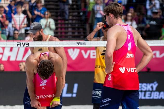 Pro Tour Beach volleyball, Beachvolleyball tournament, category Elite, took place in Ostrava, Czech Republic, on May 31, 2025. Jakub Sepka (right) and Jiri Sedlak (left) from Czech Republic vs Hendrik Nikolai Mol (left behind net) and Mathias Berntsen (right behind net) from Norway. (CTKxPhoto VladimirxPrycek) CTKPhotoP2025053101854  CTKPhotoP2025053101854