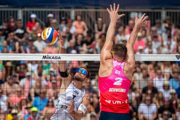 Pro Tour Beach volleyball, Beachvolleyball tournament, category Elite, took place in Ostrava, Czech Republic, on May 31, 2025. Jonas Sagstetter, (left) Benedikt Sagstetter of Germany vs Ondrej Perusic, David Schweiner (right) of Czech Republic. (CTKxPhoto VladimirxPrycek) CTKPhotoP2025053102691  CTKPhotoP2025053102691