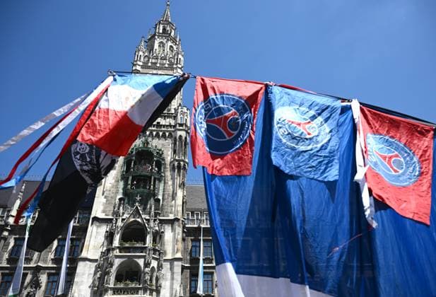 Germany Soccer Champions League Final Preview 8935844 31.05.2025 Paris Saint-Germain s club flags fly at Marienplatz square ahead of the UEFA Champions League final soccer match between Paris Saint-Germain (PSG) and Inter Milan in Munich, Germany. Alexey Filippov Sputnik Munich Germany  Copyright: xAlexeyxFilippovx