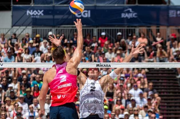 Pro Tour Beach volleyball, Beachvolleyball tournament, category Elite, took place in Ostrava, Czech Republic, on May 31, 2025. Jonas Sagstetter, Benedikt Sagstetter (right) of Germany vs Ondrej Perusic, David Schweiner (left) of Czech Republic. (CTKxPhoto VladimirxPrycek) CTKPhotoP2025053102685  CTKPhotoP2025053102685