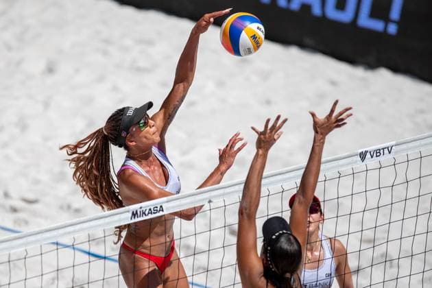 Pro Tour Beach volleyball, Beachvolleyball tournament, category Elite, took place in Ostrava, Czech Republic, on May 31, 2025. Melissa Humana-Paredes and Brandie Wilkerson (pictured) of Canada vs. Vitoria De Souza Rodrigues and Hegeile Almeida dos Santos of Brazil. (CTKxPhoto VladimirxPrycek) CTKPhotoP2025053102759  CTKPhotoP2025053102759