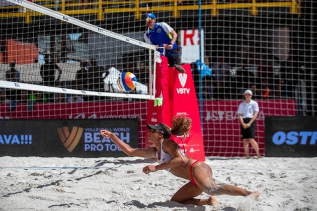 Pro Tour Beach volleyball, Beachvolleyball tournament, category Elite, took place in Ostrava, Czech Republic, on May 31, 2025. Melissa Humana-Paredes and Brandie Wilkerson (pictured) of Canada vs. Vitoria De Souza Rodrigues and Hegeile Almeida dos Santos of Brazil. (CTKxPhoto VladimirxPrycek) CTKPhotoP2025053102767  CTKPhotoP2025053102767