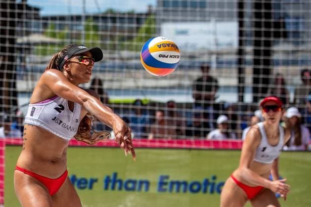 Pro Tour Beach volleyball, Beachvolleyball tournament, category Elite, took place in Ostrava, Czech Republic, on May 31, 2025. Melissa Humana-Paredes (right) and Brandie Wilkerson (left) of Canada vs. Vitoria De Souza Rodrigues and Hegeile Almeida dos Santos of Brazil. (CTKxPhoto VladimirxPrycek) CTKPhotoP2025053102775  CTKPhotoP2025053102775
