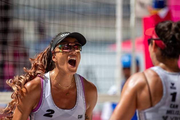 Pro Tour Beach volleyball, Beachvolleyball tournament, category Elite, took place in Ostrava, Czech Republic, on May 31, 2025. Melissa Humana-Paredes (right) and Brandie Wilkerson (left) of Canada vs. Vitoria De Souza Rodrigues and Hegeile Almeida dos Santos of Brazil. (CTKxPhoto VladimirxPrycek) CTKPhotoP2025053102778  CTKPhotoP2025053102778