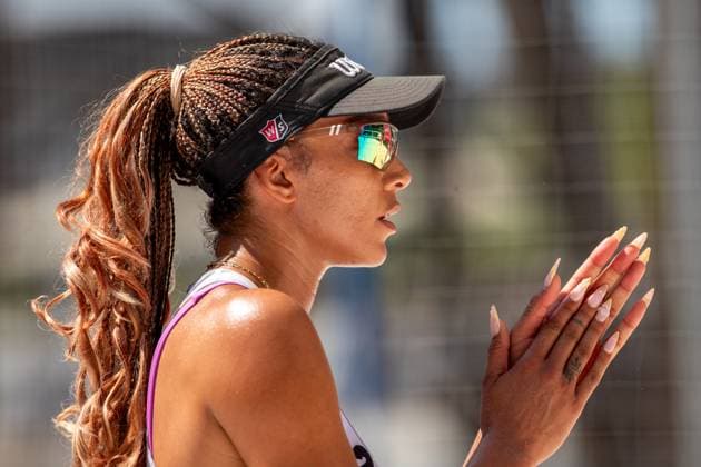 Pro Tour Beach volleyball, Beachvolleyball tournament, category Elite, took place in Ostrava, Czech Republic, on May 31, 2025. Melissa Humana-Paredes and Brandie Wilkerson (pictured) of Canada vs. Vitoria De Souza Rodrigues and Hegeile Almeida dos Santos of Brazil. (CTKxPhoto VladimirxPrycek) CTKPhotoP2025053102795  CTKPhotoP2025053102795