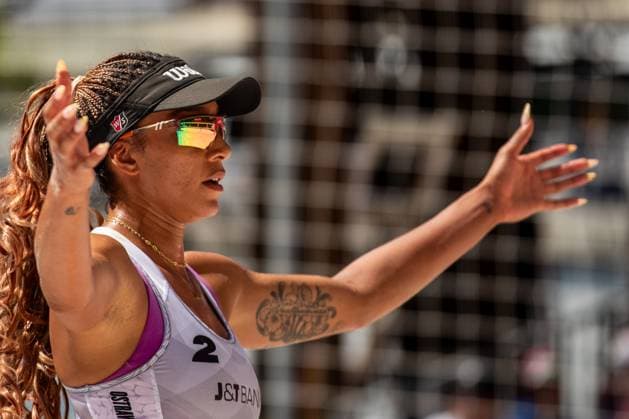 Pro Tour Beach volleyball, Beachvolleyball tournament, category Elite, took place in Ostrava, Czech Republic, on May 31, 2025. Melissa Humana-Paredes and Brandie Wilkerson (pictured) of Canada vs. Vitoria De Souza Rodrigues and Hegeile Almeida dos Santos of Brazil. (CTKxPhoto VladimirxPrycek) CTKPhotoP2025053102798  CTKPhotoP2025053102798