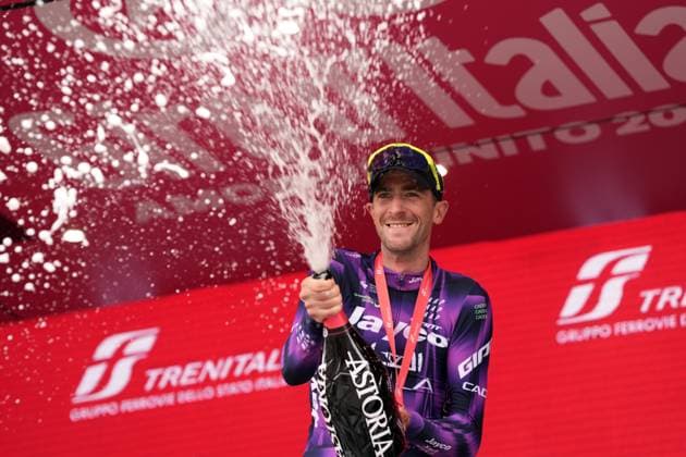 Harper Christopher of Team Jayco Alula winner of the stage on the podium during the stage 20 of the Giro d™Italia from Verres to Sestriere (Via Lattea), Italy - Saturday, May 31, 2025. - cycling.  Copyright: xMassimoxPaolone LaPressex