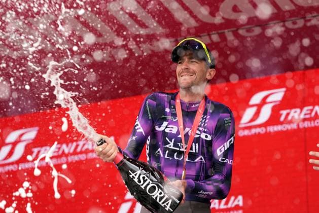 Harper Christopher of Team Jayco Alula winner of the stage on the podium during the stage 20 of the Giro d™Italia from Verres to Sestriere (Via Lattea), Italy - Saturday, May 31, 2025. - cycling.  Copyright: xMassimoxPaolone LaPressex