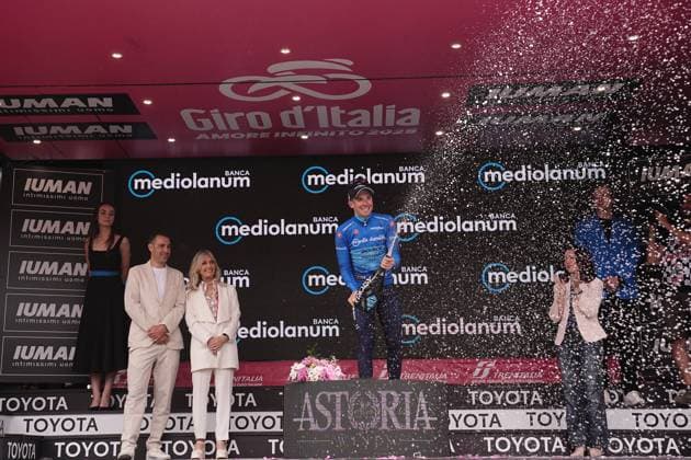Fortunato Lorenzo of Xds Astana Team azure jersey on the podium during the stage 20 of the Giro d™Italia from Verres to Sestriere (Via Lattea), Italy - Saturday, May 31, 2025. - cycling.  Copyright: xMarcoxAlpozzi LaPressex