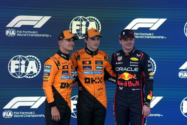31 05 2025, Circuit de Catalunya, Barcelona, Formula 1 Aramco Grand Prix of Spain 2025 , in the picture pole position for Oscar Piastri AUS , McLaren F1 Team, 2 grid position for Lando Norris GBR , 3 grid position for Max Verstappen NLD , Oracle Red Bull Racing Photo by Hasan Bratic DeFodi Images