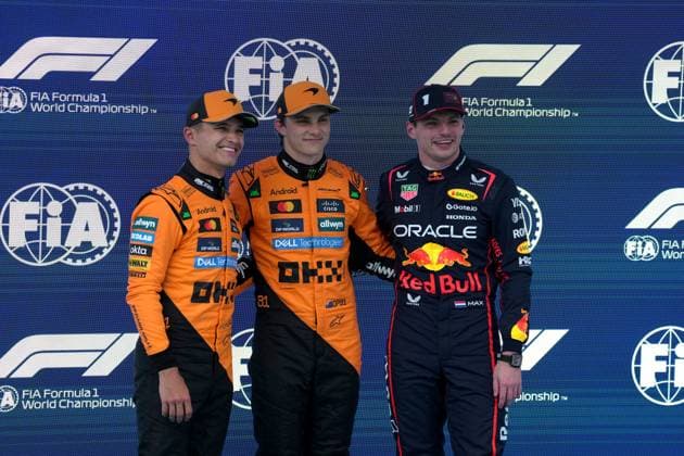 31 05 2025, Circuit de Catalunya, Barcelona, Formula 1 Aramco Grand Prix of Spain 2025 , in the picture pole position for Oscar Piastri AUS , McLaren F1 Team, 2 grid position for Lando Norris GBR , 3 grid position for Max Verstappen NLD , Oracle Red Bull Racing Photo by Hasan Bratic DeFodi Images