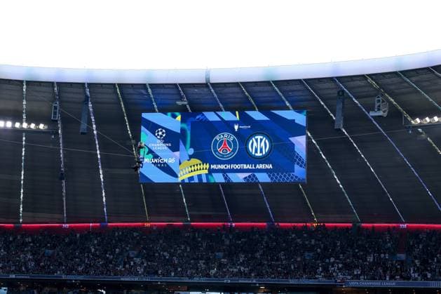 A general view of the stadium and the big screen of the Munich Football Arena prior the 2025 Soccer Champions League Final Match between Paris Saint-Germain FC vs Inter - Internazionale at the Munich Football Arena in Munich, Germany, 31 May 2025  Copyright: xFabrizioxCarabelli IPAxSportx xipa-agency.netx xx IPA_58460759 IPA_Agency_IPA58460759